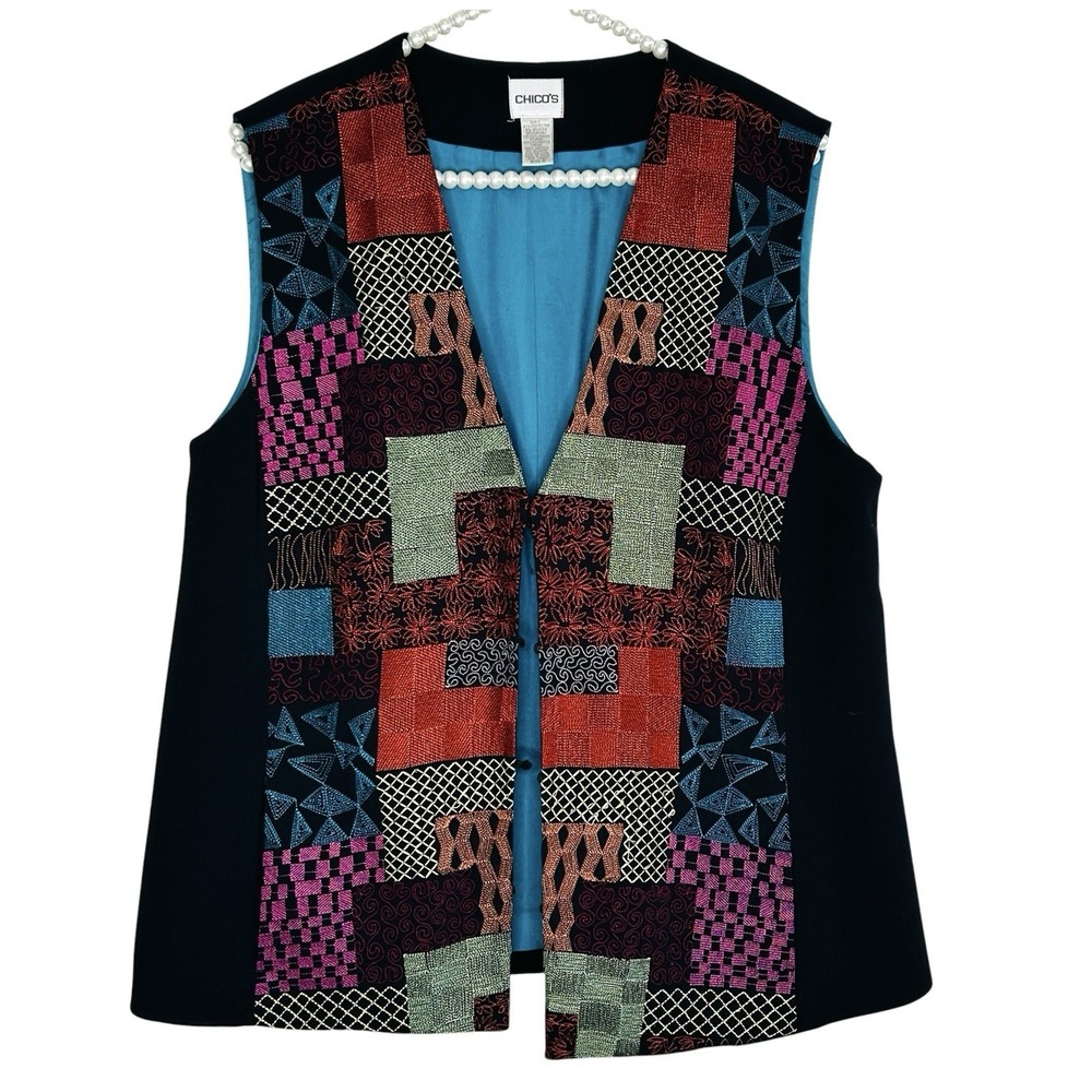 Chicos Boho Patchwork Vest Sz 3 XL Artsy Indie Western Embroidered Teacher Layer